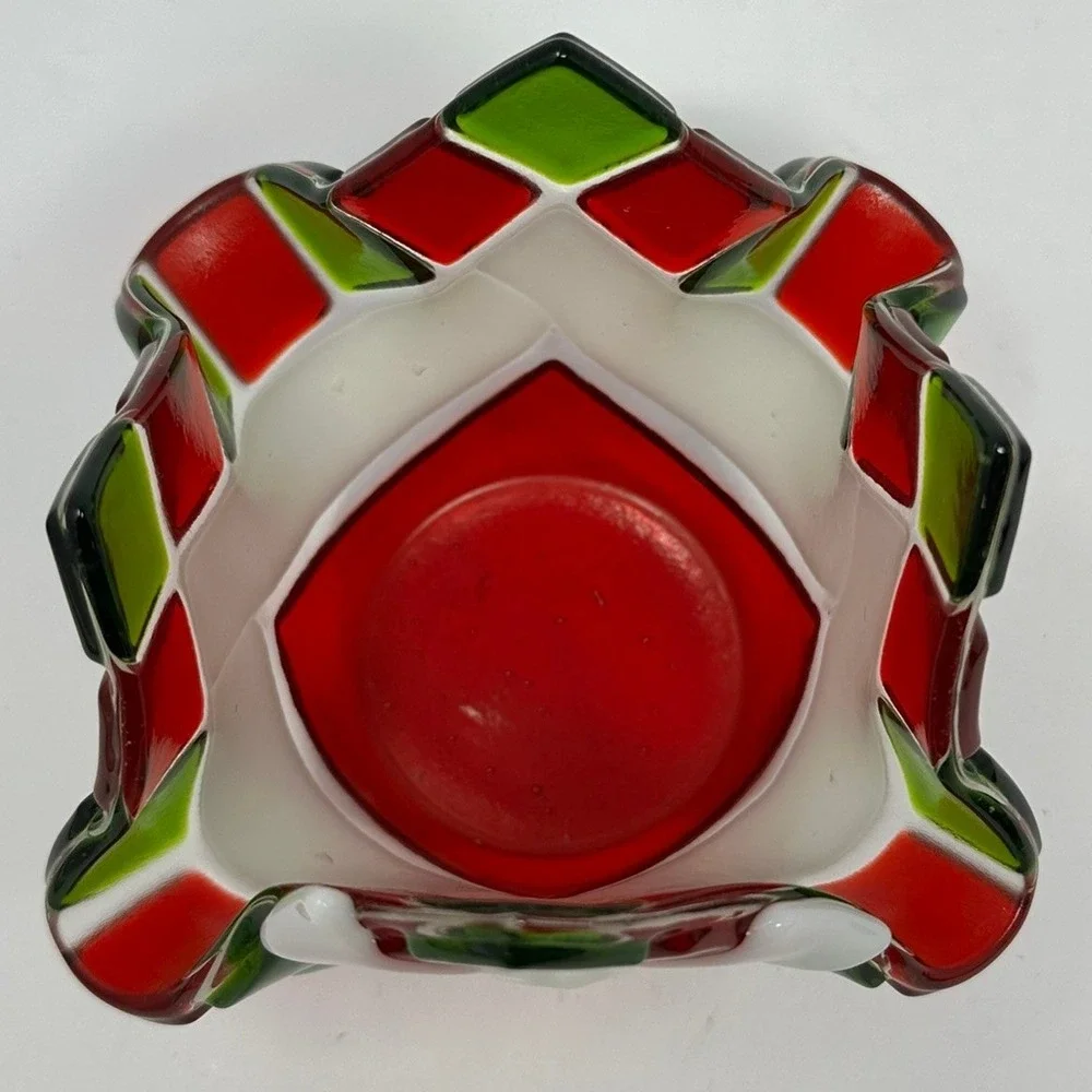 Art Glass Votive Candle Holder Red Green White Checkered Handkerchief Bowl A2